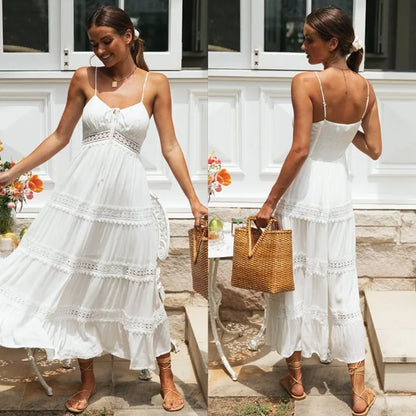 New Summer Woman Dress Sleeveless Solid White Strap Boho Dresses Beachwear Sundress Clothes Bohemian Off-the-shoulder Dress Lace