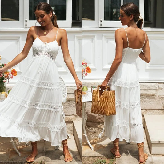 New Summer Woman Dress Sleeveless Solid White Strap Boho Dresses Beachwear Sundress Clothes Bohemian Off-the-shoulder Dress Lace