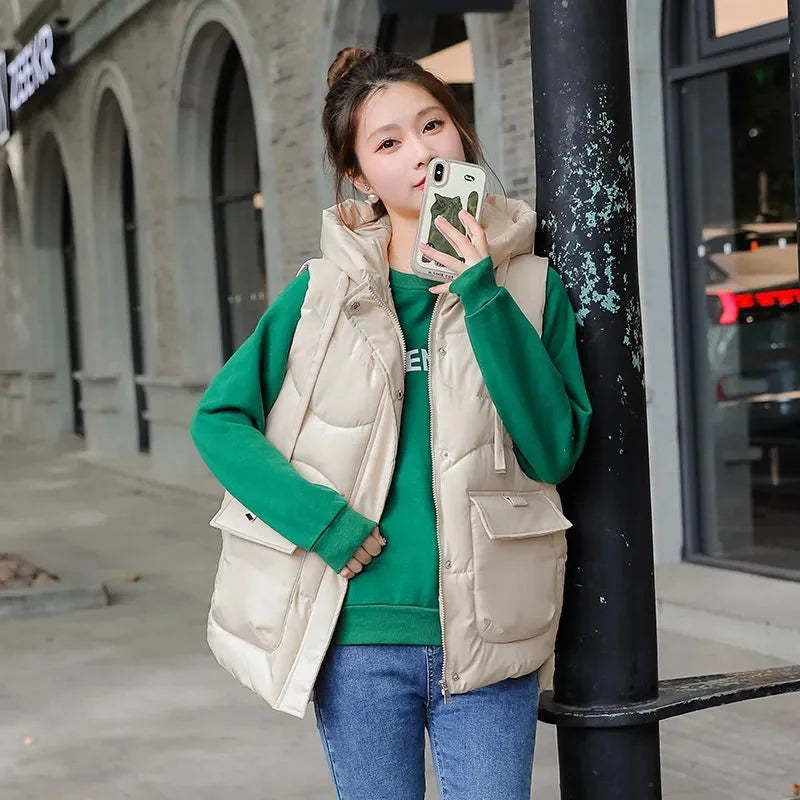 Women Hooded Vest autumn Winter new Fashion Padded Down Cotton Waistcoat thick Warm sleeveless jacket Female Loose Outwear T580