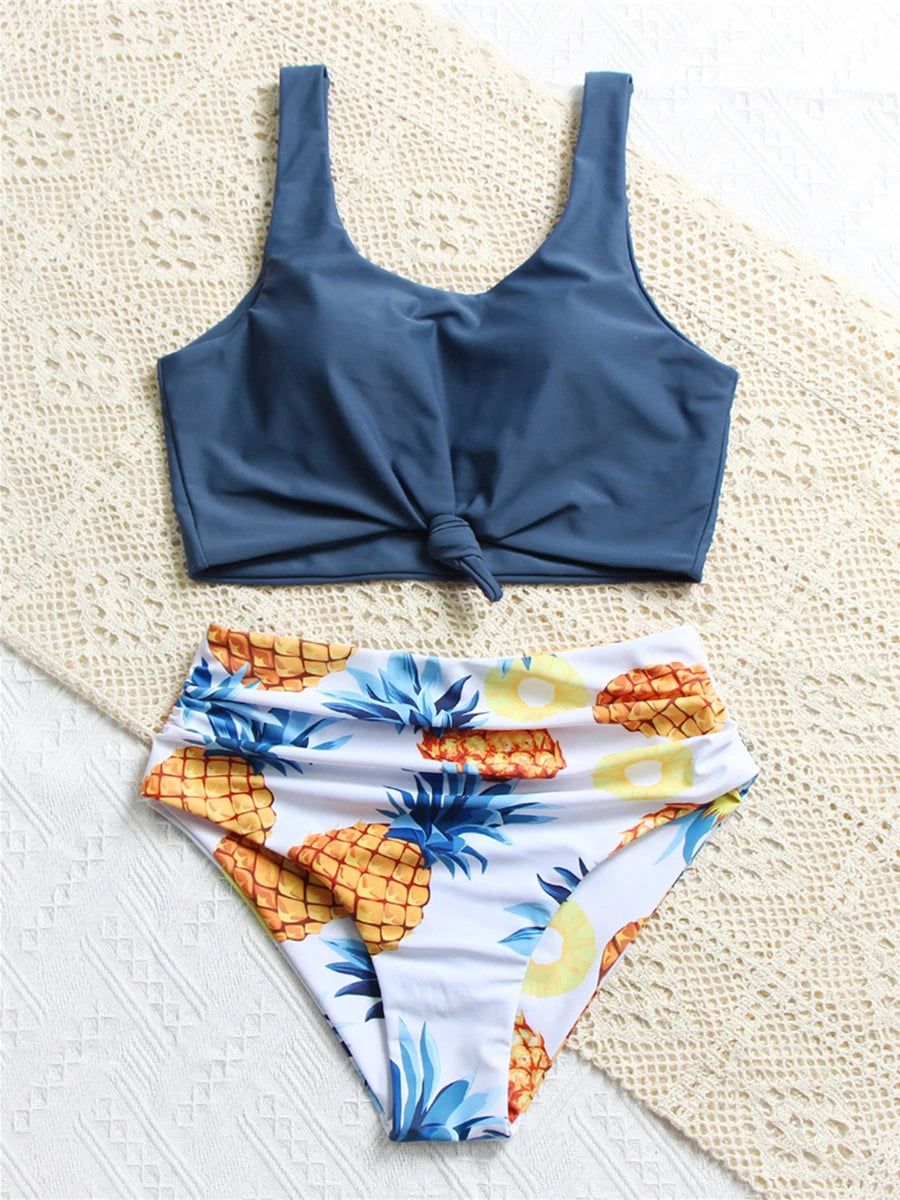2026 High Waist Bikini Printed Swimsuit Women Sexy Tie Front Swimwear Female Bathers Bathing Swimming Swim Suit Beachwear