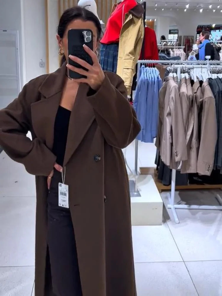High Street Women Woolen Coat Solid Loose Turn-down Collar Double Breasted Long Sleeve Jackets Autumn Winter All-match Jacket