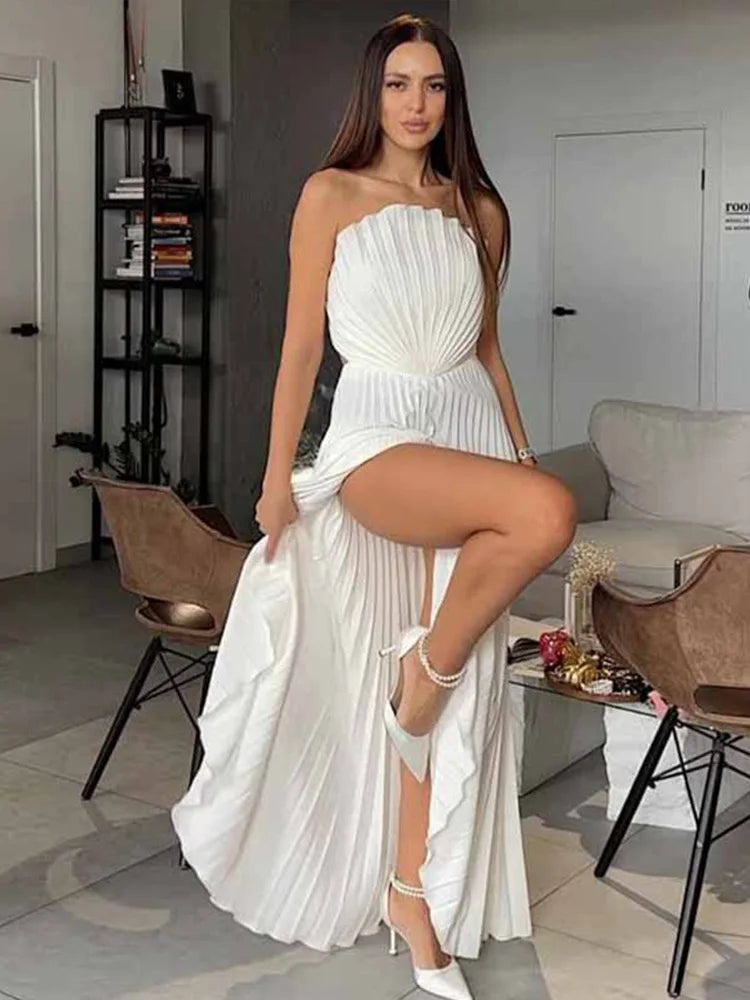 Sexy White Pleated Strapless Dress Women Sleeveless Backless Slim Split Dresses Female 2025 Simmer Lady Party Holiday Robe