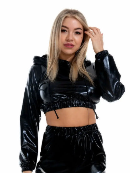 Sexy Cropped Holographic Hoodies Women Shiny PU Metallic Hoody Long Sleeve Short Sweatshirt with Drawstring Pullovers Streetwear