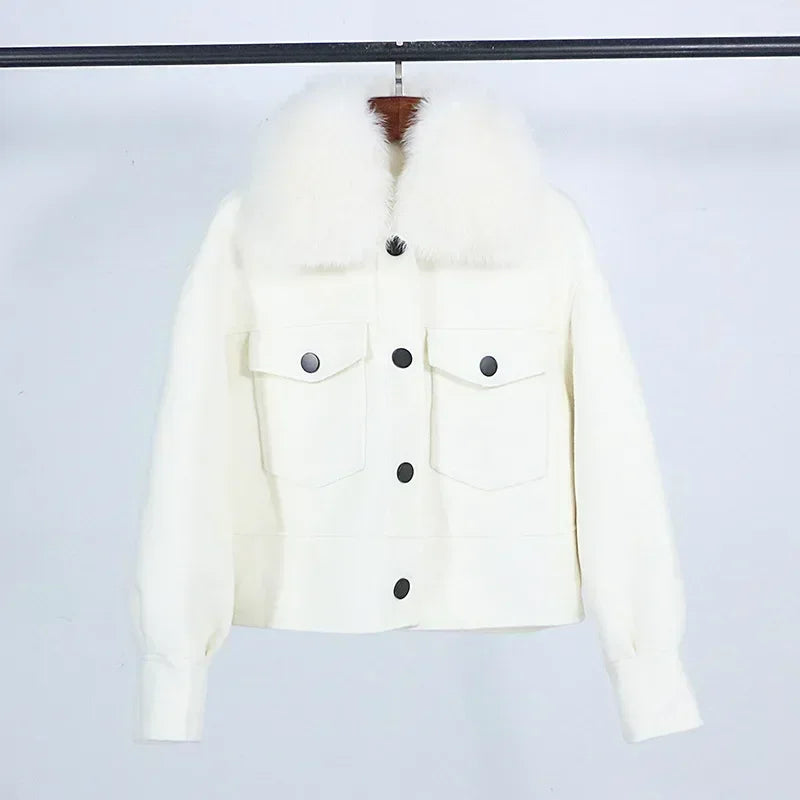 Wool Women Fur Coat New Autumn Winter Real Fox Fur Collar 10% Cashmere 90% Wool Fur Jacket Short Casual Loose Wool Coat