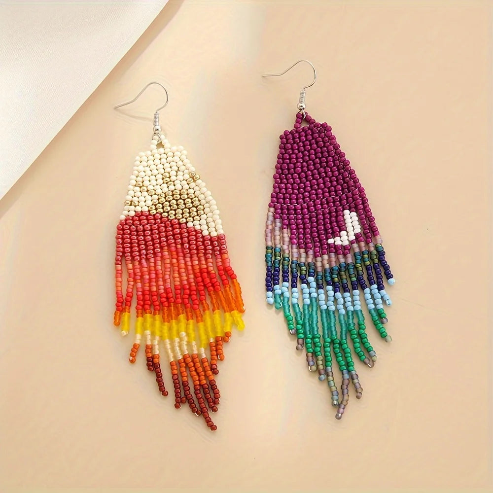 Bohemian Asymmetric Earrings, Star Moon Scenery Tassel Earrings, Handmade Beaded Earrings