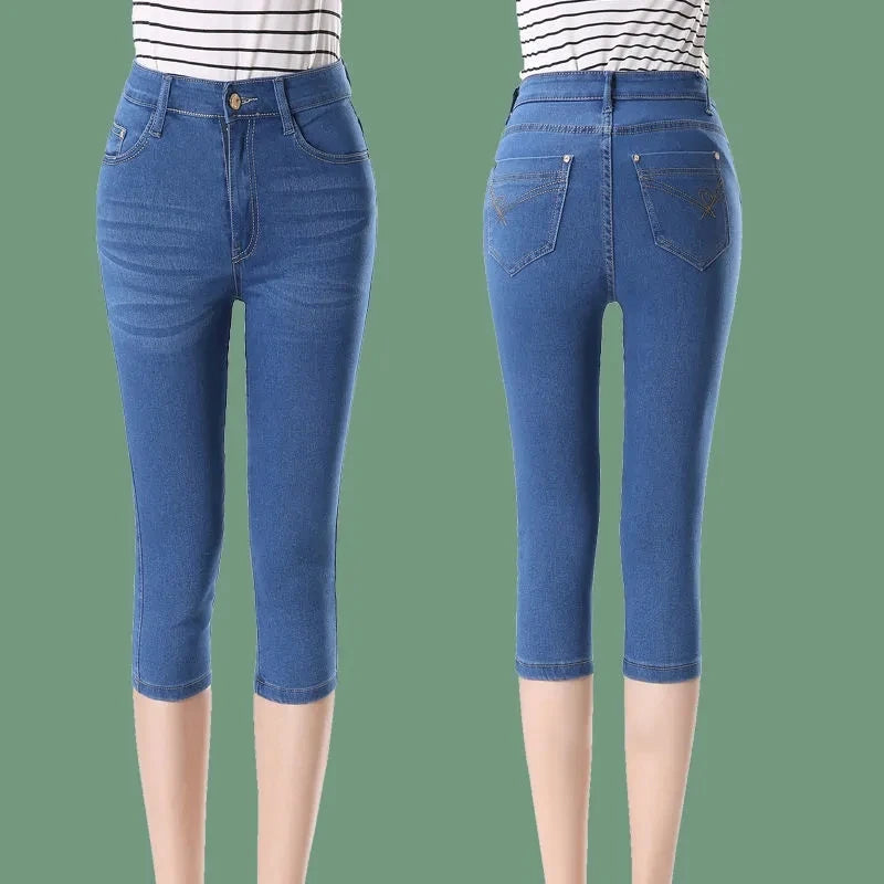 2025 New High waisted Women's Capri Denim Shorts Women Summer Thin Slim Vintage Jeans Stretch Short Straight leg Pants Leggings