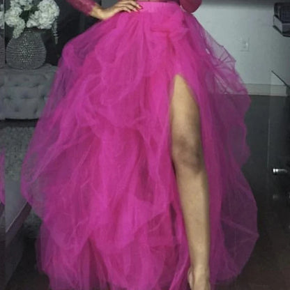 Women's Tulle Maxi Skirt Floor Length Layered High Waist Split Skirt A-Line Puffy Mesh Tutu Skirt for Elegant Lady Wedding Party