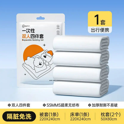 Double Thickened Enlarged Disposable Bed Sheet Set with Pillow Covers 4-Piece Hygienic Bedding for Travel Hospitals and Home Use