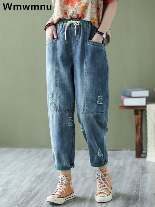 Ripped Hole Harem Jeans Streetwear Women's Korean Baggy Ankle-length Denim Pants Design Casual Vaqueros New Lace Up Kot Pantalon