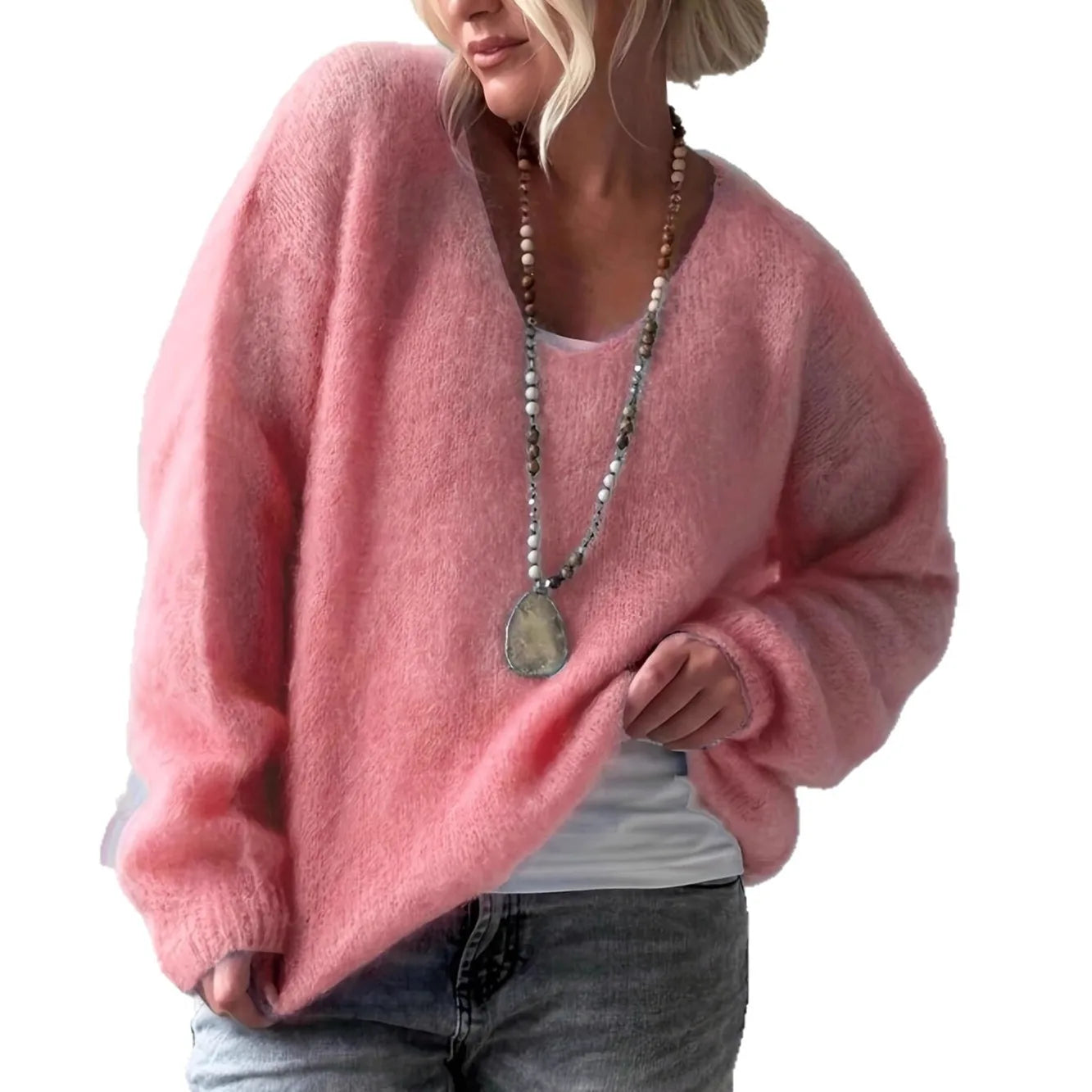 Autumn Elegant V-neck Soft Sweater Tops Women's Causal Long Sleeve Solid Color Knitted Blouse Winter Fashion Loose