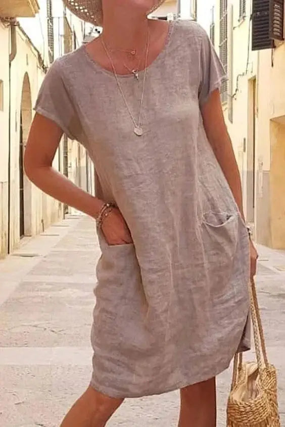 Women's Casual Midi Dresses 2025 New Summer Cotton Linen Short Sleeve Dress Летнее Платье Vestidos De Mujer Black Dresses