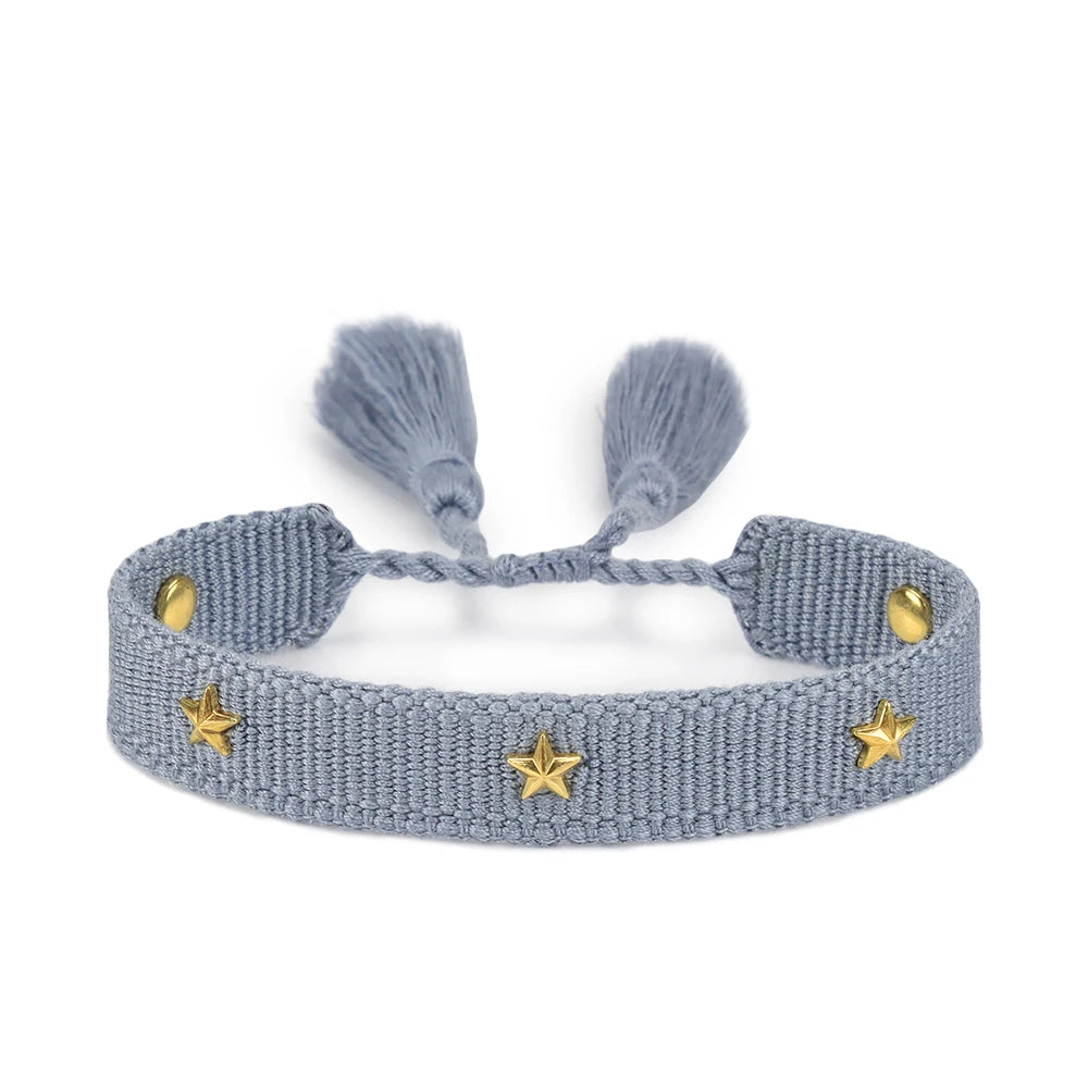 Rhinestone Embroidery Woven Bracelets Adjustable Rope Stackable Bangle For Women