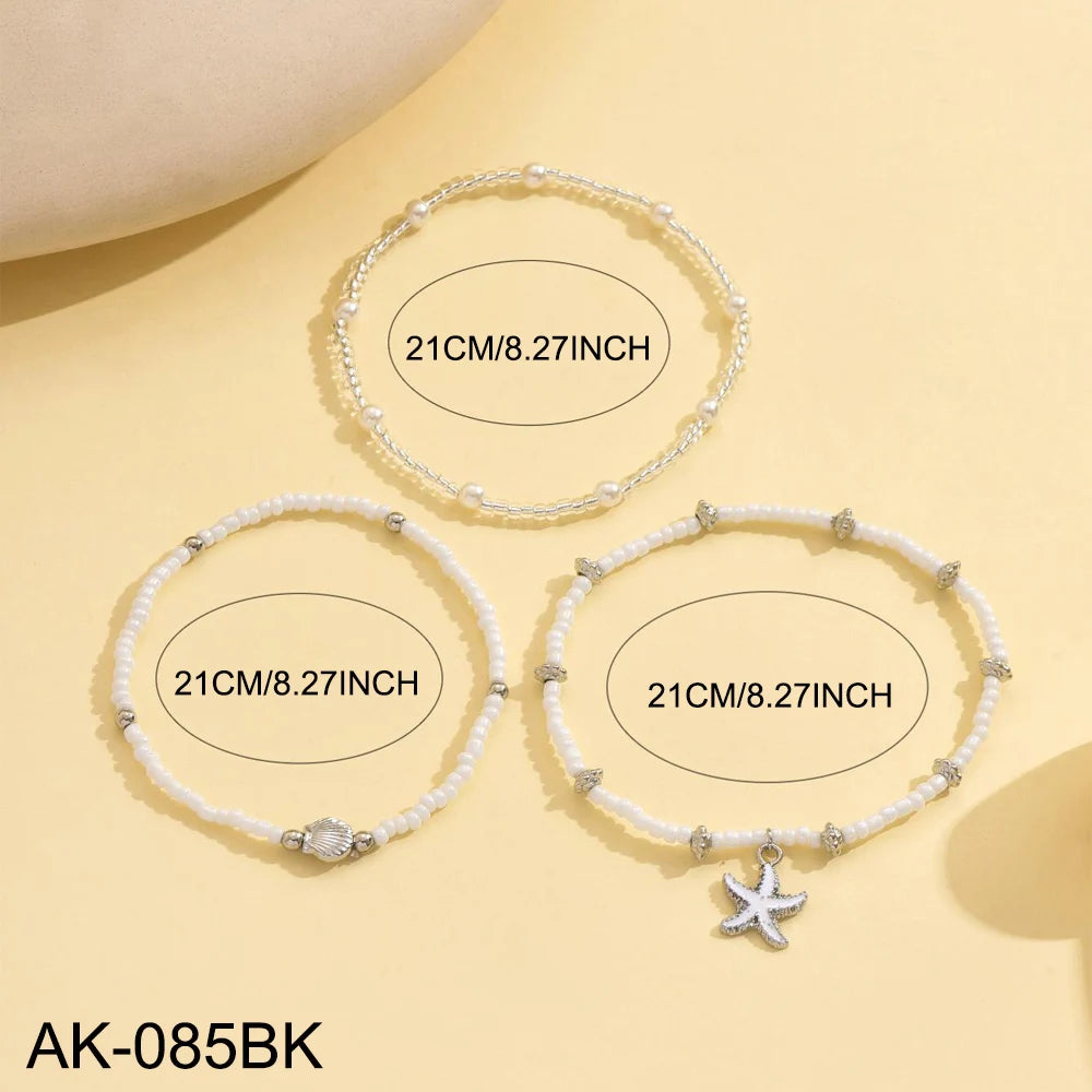 3PCS Set Beach Anklet for Women Bohemian Starfish Shell Glass Beaded Gold Silver Adjustable Summer Vacation Jewelry