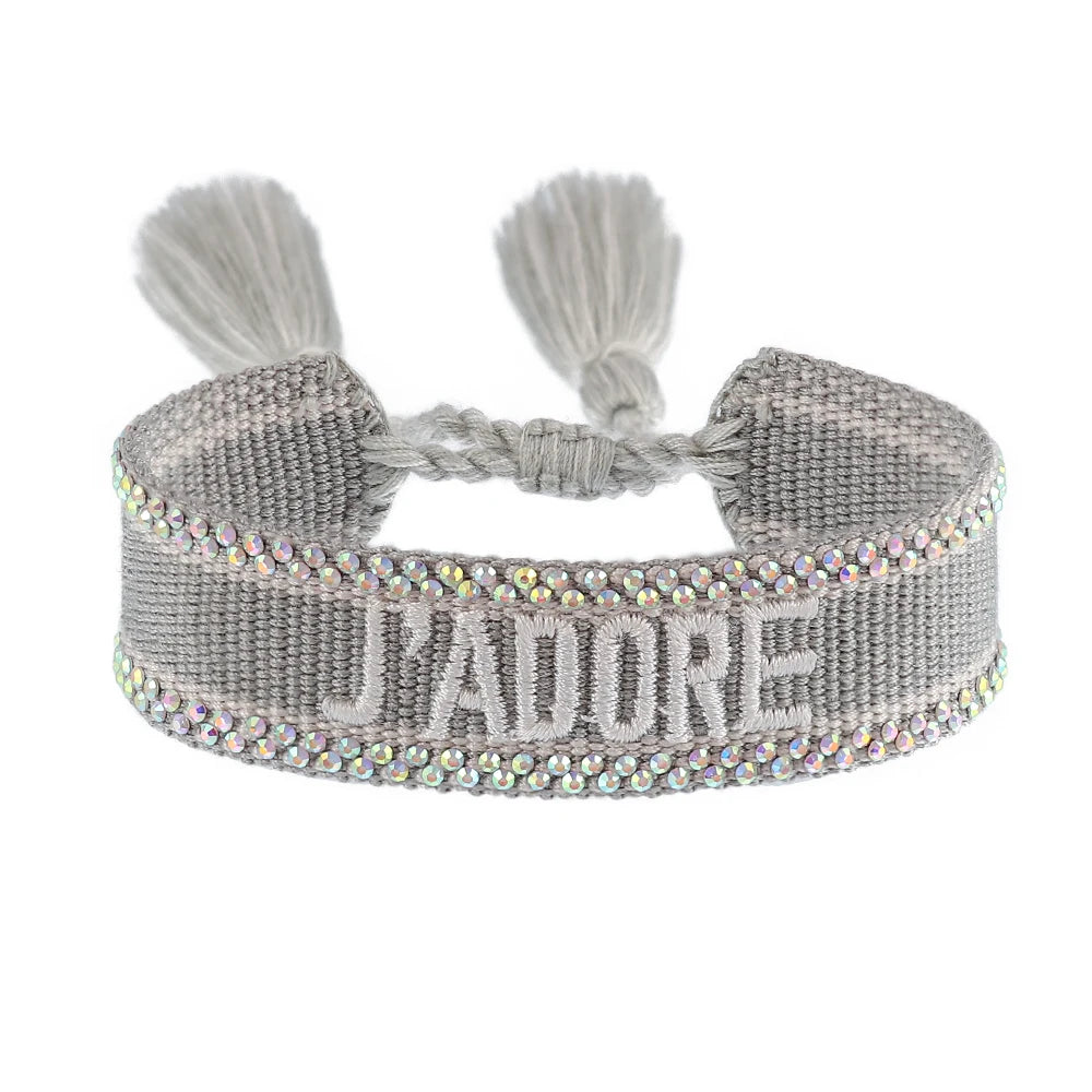 Rhinestone Embroidery Woven Bracelets Adjustable Rope Stackable Bangle For Women