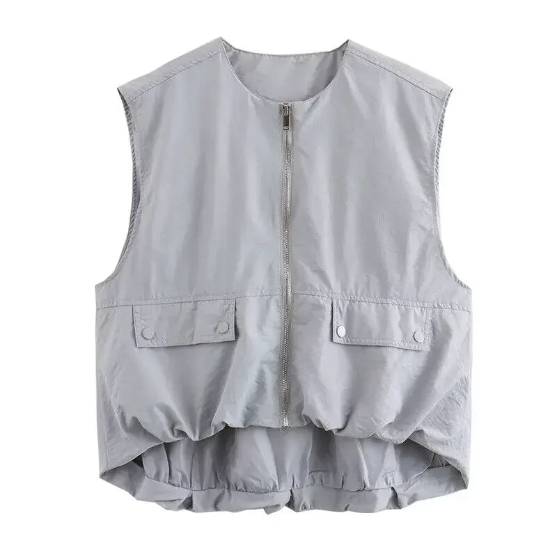 Women Fashion With Pockets Pleated Front Zipper Vest Sleeveless Jackets Vintage O-Neck Waistcoat Female Chic Tank Tops