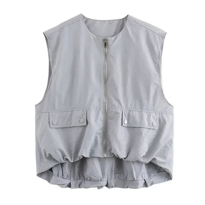 Women Fashion With Pockets Pleated Front Zipper Vest Sleeveless Jackets Vintage O-Neck Waistcoat Female Chic Tank Tops
