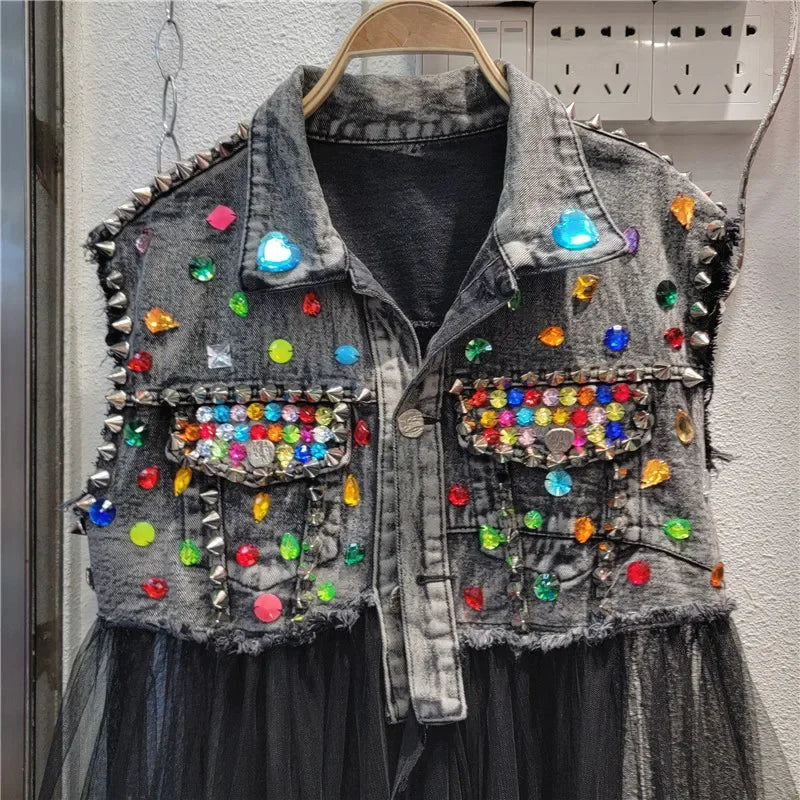 Women Rainbow Color Diamonds Beaded Mesh Ruffles Splice Jeans Jacket Multi-layers Mesh Rhinestone Denim Vests Cardigan Tank Tops