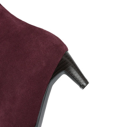 2025 New Trend Cow Suede Women Autumn Winter Slip-On Boots Chocolate Burgundy High Chunky Heels Square Toe Lady Knee High Boots