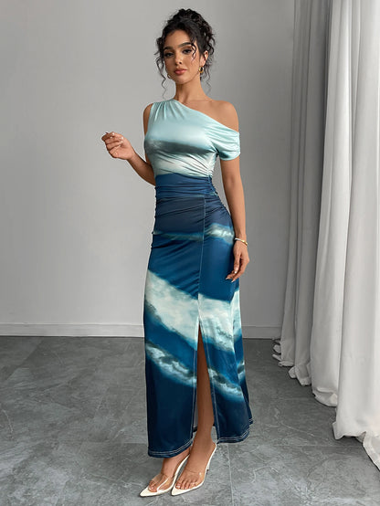 Foreign trade women's summer new style European and American contrasting slim fit dress with slanted shoulders long skirt