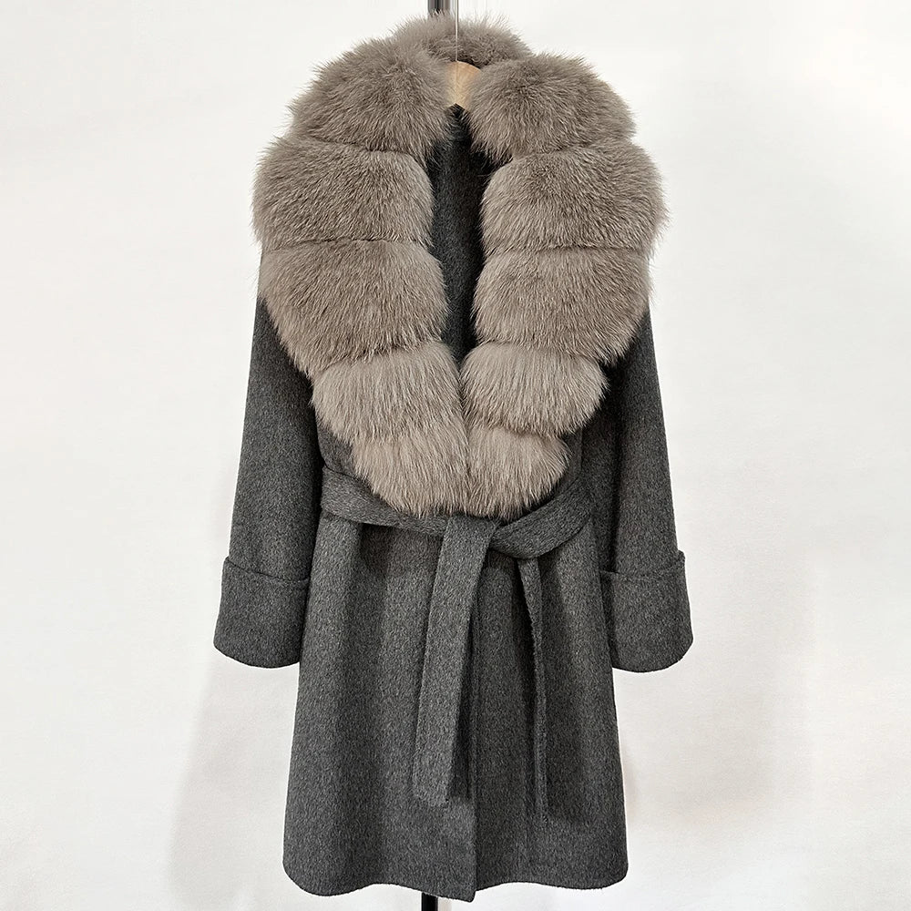 GENHUA 2025 New Winter Cashmere Wool Blends Women Natural Fox Fur Collar Cuffs Slim Fit Suit Double Sided Woolen Trench Coat