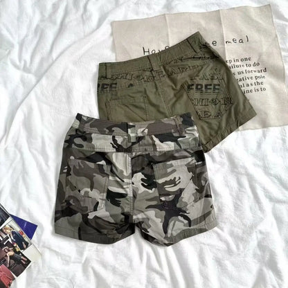 Y2K Fashion Mini Skirt Womens Harajuku Retro Camouflage Graphic Print Army Green Short Skirt Goth Multi Pockets Low Waist Shorts