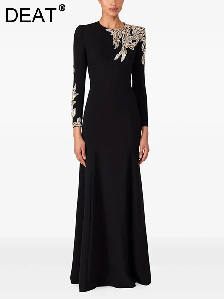 DEAT Elegant Dress O-neck Embroidered Flares Patchwork Long Sleeve Women's Evening Party Dresses 2026 Spring New Fashion 35Z3686