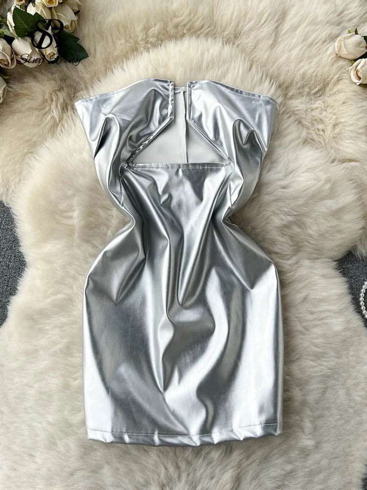 SINGREINY 2023 Strapless Sexy Short Dress Summer Sleeveless Bodycon Hollow Out Fashion Y2K Women Evening PU Leather Slim Dress