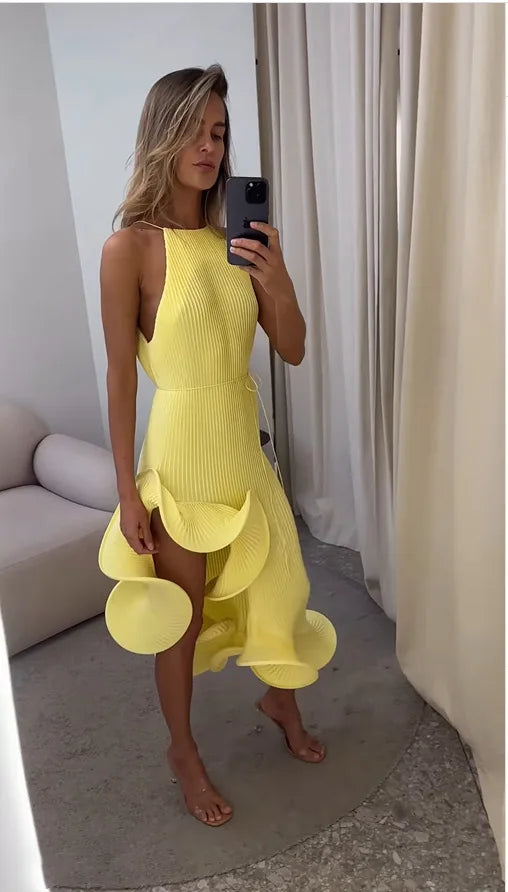 Fashion Ruffle Hem Short Dress For Women Halter Sleeveless Irregular Lace Up Slip Robe 2025 Summer Elegant Female Beach Dresses