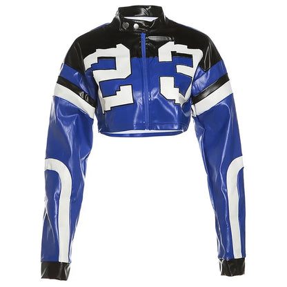 CM.YAYA Women Fashion Letter Printed Patchwork Zipper Fly Moto and Biker Style Faux Leather PU Jackets