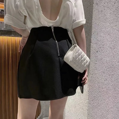 Lucyever Black White High Wiast Puffy Short Skirts Women All-Match Y2K Pocket A-Line Skirt Female Korean Work Style Suit Skirt