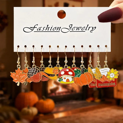 24/12PCS Retro Thanksgiving Earrings Turkey/Squirrel/Fox&Autumn Leaf Earring Set Round Earback Thanksgiving Gifts