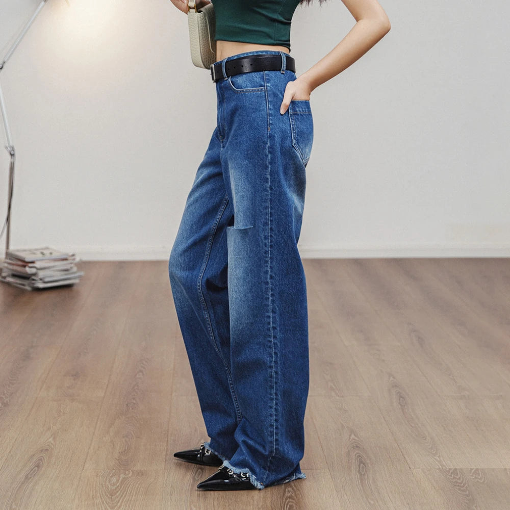 Maden Women Ripped Denim Jeans Washed Jeans 12.8 OZ Vintage Do Old Straight Full Length Pants Mid Waist Casual Blue Jeans