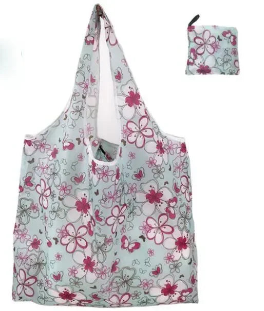 Reusable Shopping Bag Women Cute Fish Cart Flower Print  Nylon Foldable Grocery Bag Creative Eco-Friendly Tote Bag Lightweight