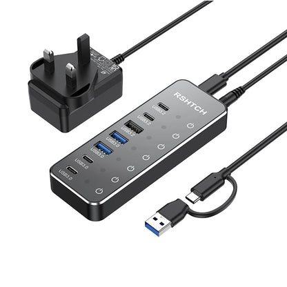 RSHTECH Powered 7 Port 10Gbps Data USB Hubs Individual On/Off  Touch Switches Splitter for Surface Windows PC Laptop Desktop