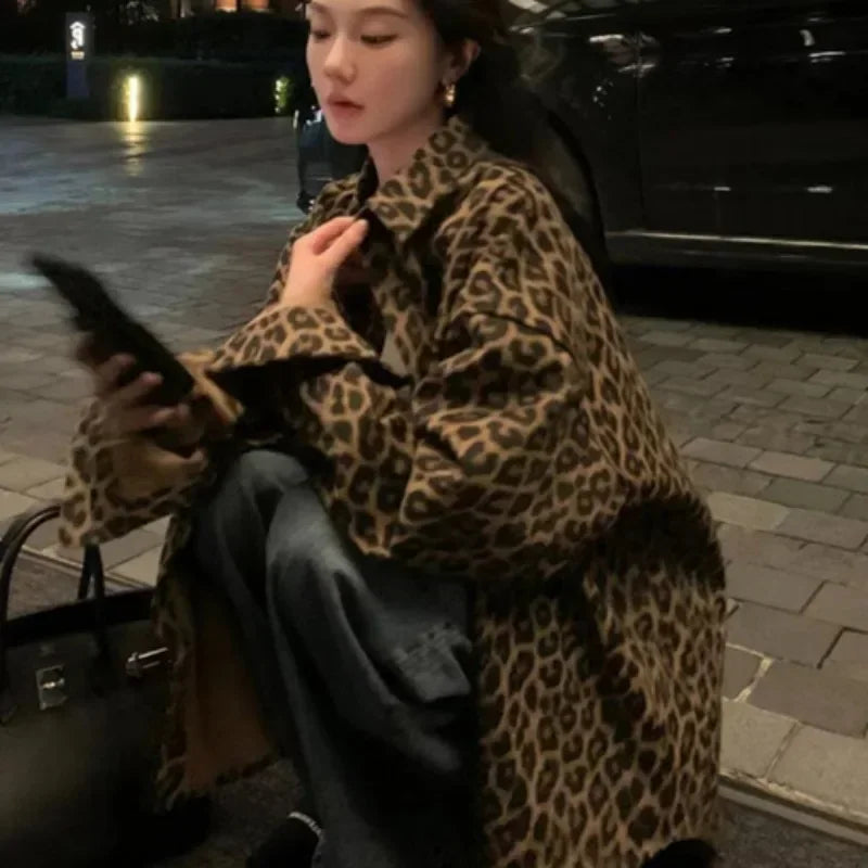 Leopard Jackets for Women Autumn Chic Loose High Street Vintage Single Breasted All-match Baggy College Cool Coats Streetwear BF