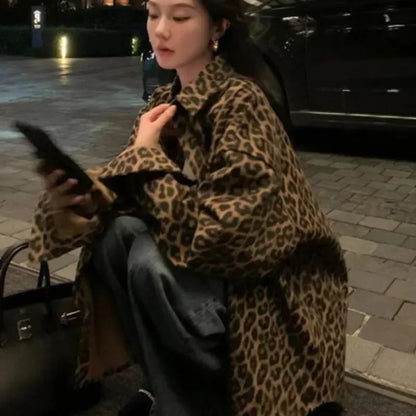 Leopard Jackets for Women Autumn Chic Loose High Street Vintage Single Breasted All-match Baggy College Cool Coats Streetwear BF
