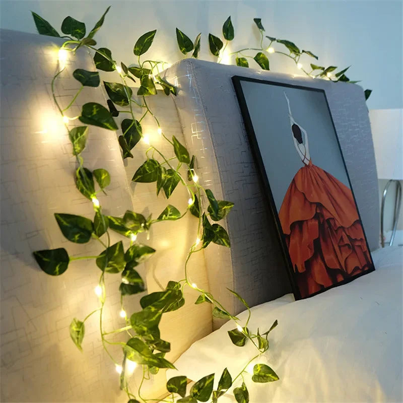 Lichterkette mit grünen Blättern, künstliche Rankenlichter, batteriebetrieben, Weihnachtsbaumgirlande für Hochzeiten und Heimdekoration