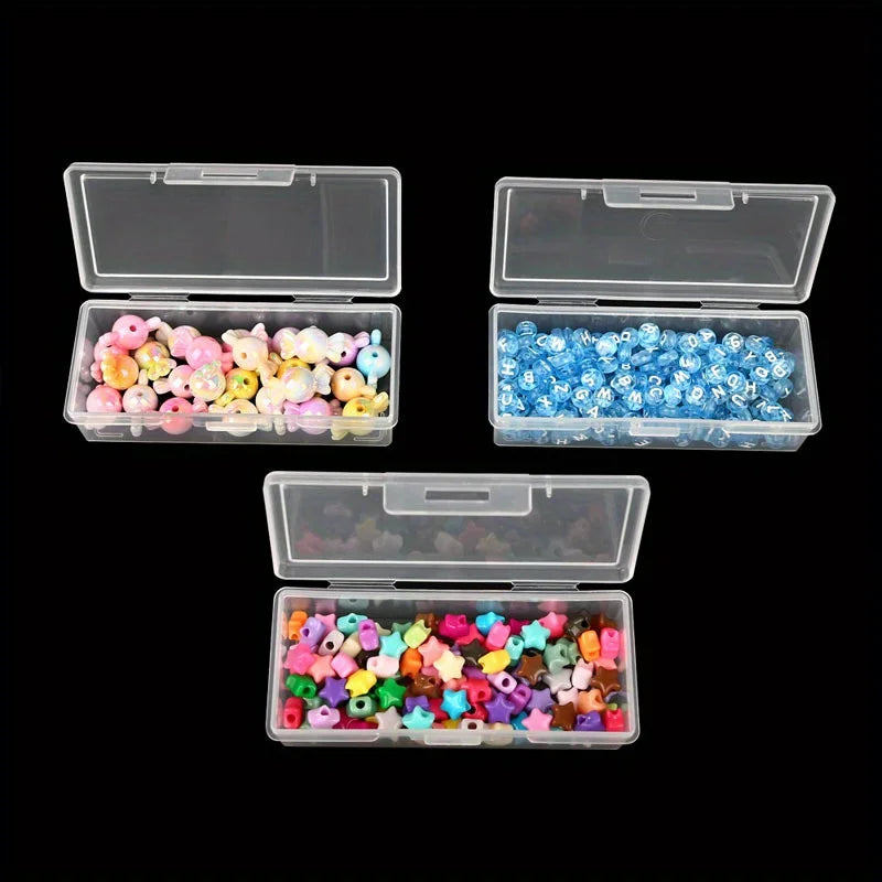 Each set contains 4 to 12 rectangular plastic storage boxes with hinged lids. They are transparent, portable and multifunctional