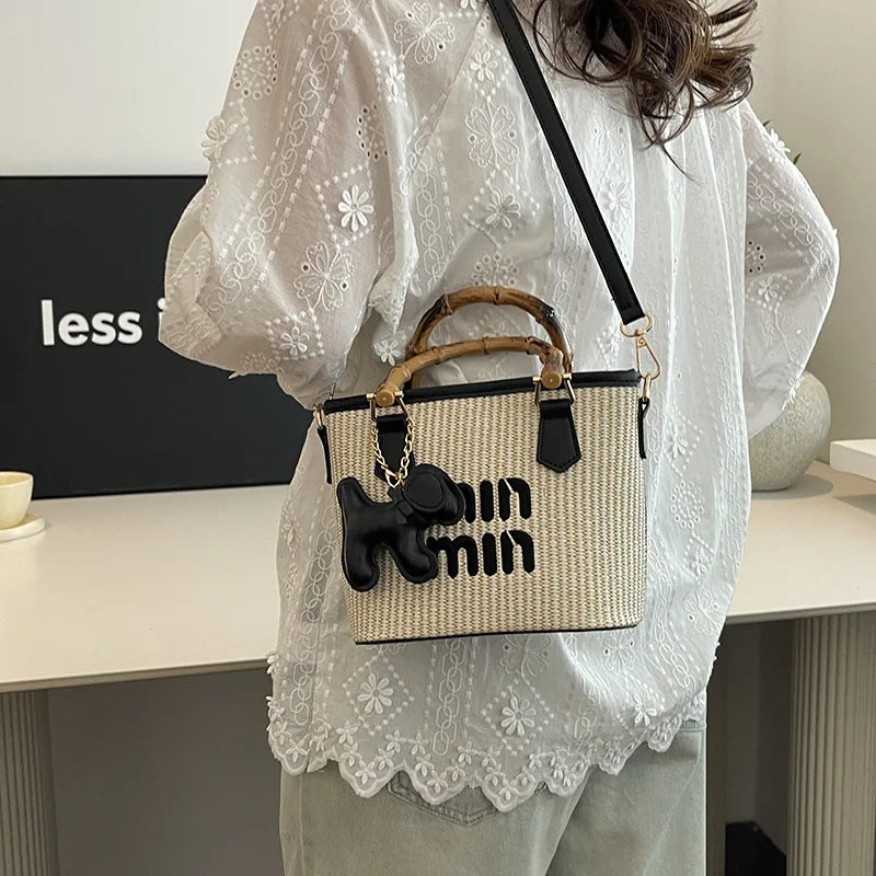 Women's Crossbody Bag Bamboo Fiber Woven Basket Bag Water Bucket Bag Zipper Closure, Versatile for Casual & Formal Occasions