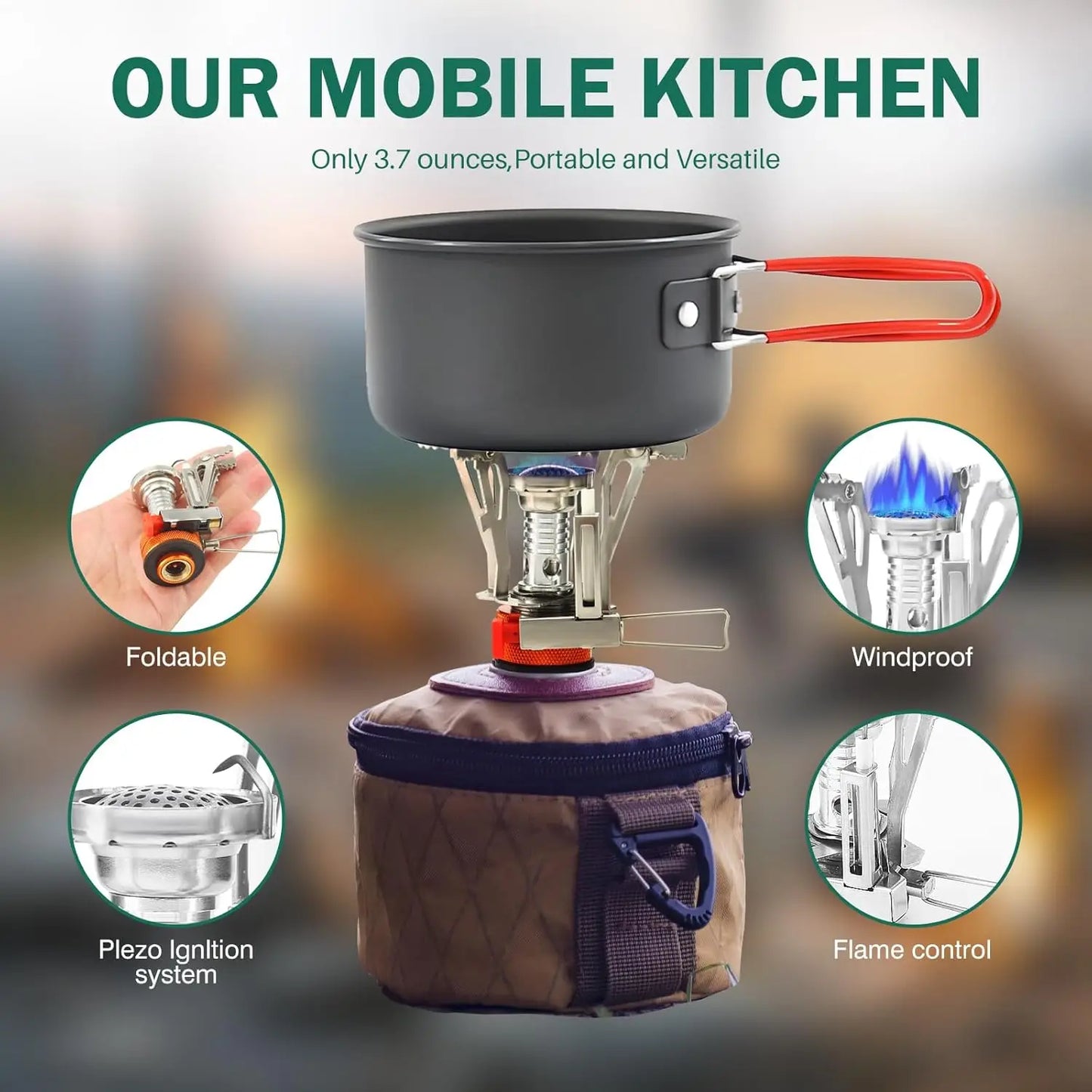 Portable Camping Stoves Backpacking Stove with Piezo Ignition Stable Support Wind-Resistance Camp Stove for Outdoor Cooking