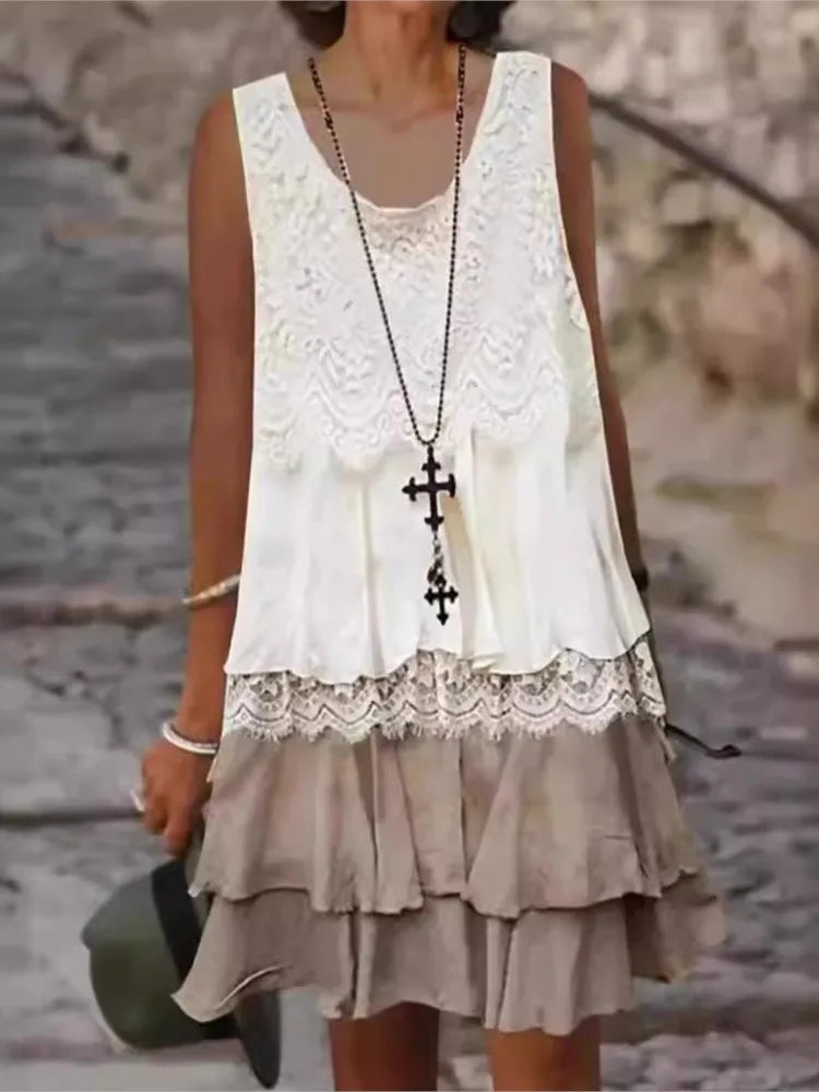 Casual Patchwork Dress Lady Fashion Sleeveless V Neck Pullover Lace Ruffles Dresses For Women Boho Holiday Womens Clothing New