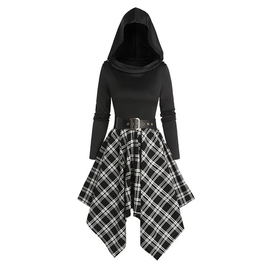 Dressfo Women's Gothic Plaid Hoodie Dresses Panel Asymmetric Hooded Dress Cowl Neck Long Sleeve Belted Dress