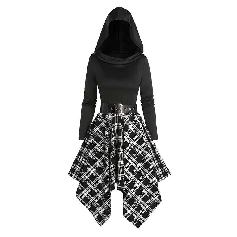Dressfo Women's Gothic Plaid Hoodie Dresses Panel Asymmetric Hooded Dress Cowl Neck Long Sleeve Belted Dress