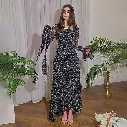 Women's Dress Elegant Fresh Sweet Polka Dot Print Asymmetrical Layered Long Sleeve Tie Details High Waist Slim Maxi Dress