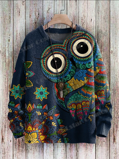Vintage Frog Fun Art Pattern & Retro Owl Art 3D Printed Men's Knitted Pullover Winter Unisex Casual Knit Pullover Sweater ZZM98