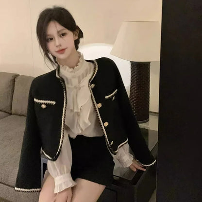 Smvp 2024 Autumn Winter New Elegant Black Coat Women Korean Thicken Warm Single Breasted Blazer Casual Short Outerwear Tops Lady