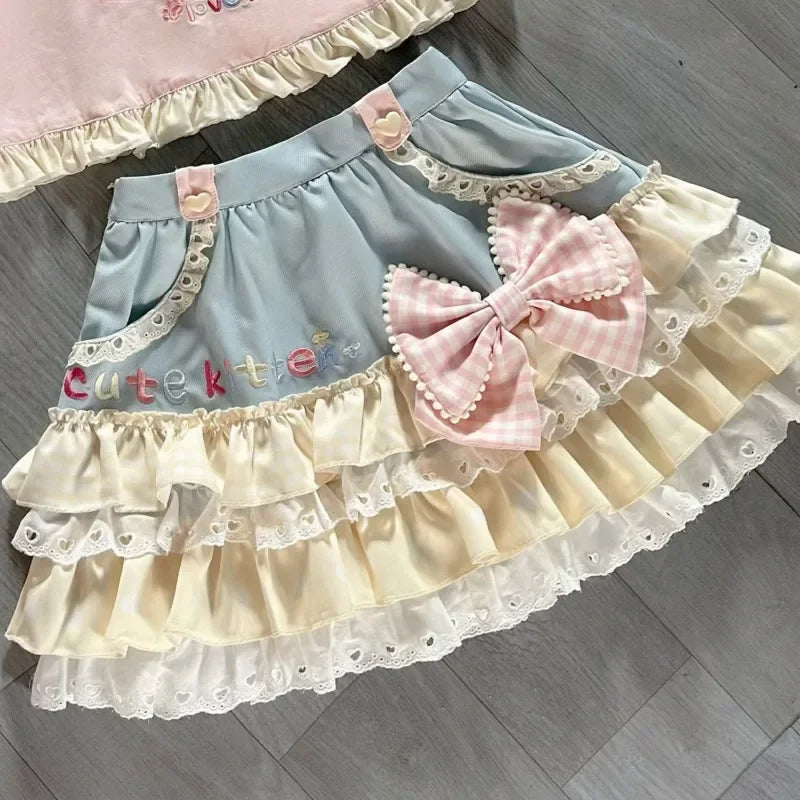 Lolita Print Tops Bow Cake Blouse Y2K JK Lolita Japan Kawaii Girl Cute Sweet Lace T-shirt A-line Spliced Cake Skirt New Chic