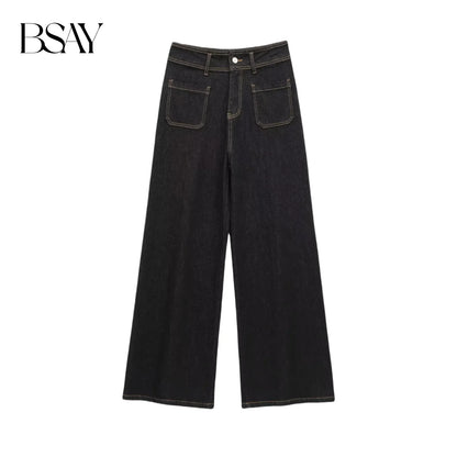 BSAY Jeans for Women Fashion Autumn Winter New Solid Color Pocket Loose Retro High Waist Wide Leg Pants Chic Female Trousers
