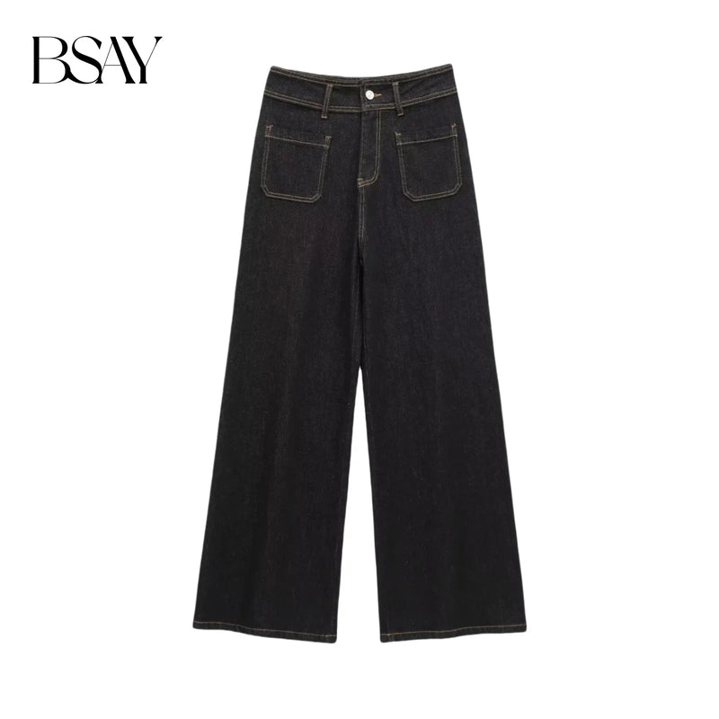 BSAY Jeans for Women Fashion Autumn Winter New Solid Color Pocket Loose Retro High Waist Wide Leg Pants Chic Female Trousers