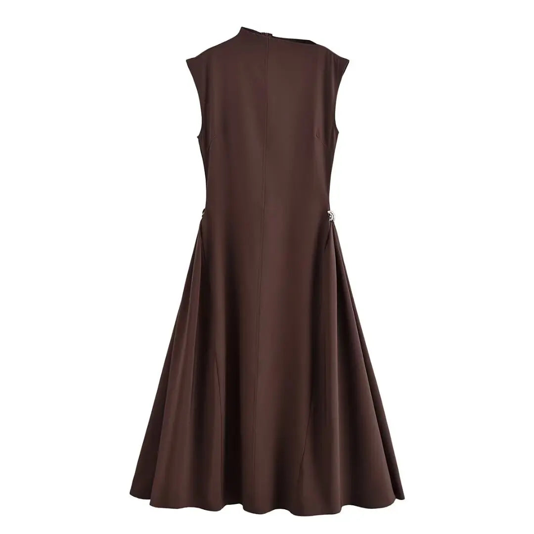 KONDALA Vintage Brown Elegant Woman Dresses Fashion 2025 Pleated Asymmetric Sleeveless Dress Chic Evening Party Female Vestidos